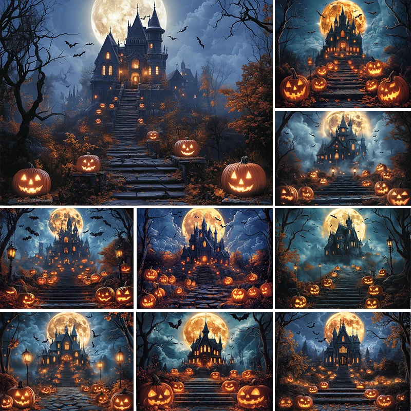 

LS Photography Backdrops Fall Halloween Spooky Castle Moon Pumpkin Decor Cake Smash Kids Portrait Photo Backgrounds Studio