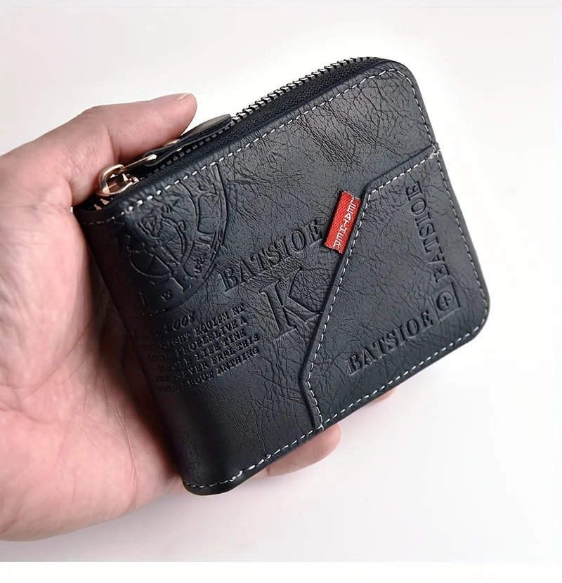 Herren-Geldbörse aus PU-Leder mit Wachsöl-Finish, Kurze Männer-Kartenhalterung mit Reißverschluss, Münzfach und Geldtasche – Detail 2