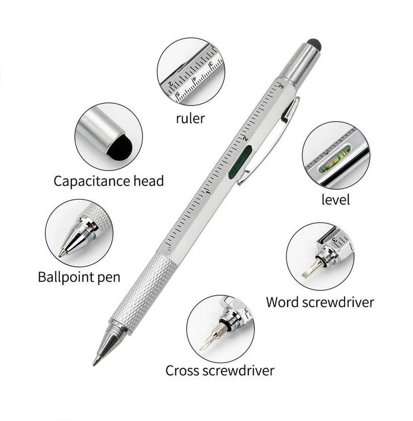 7 in1 Multifunction Ballpoint Pen with Modern Handheld Tool Measure Technical Ruler Screwdriver Touch Screen Stylus Spirit Level