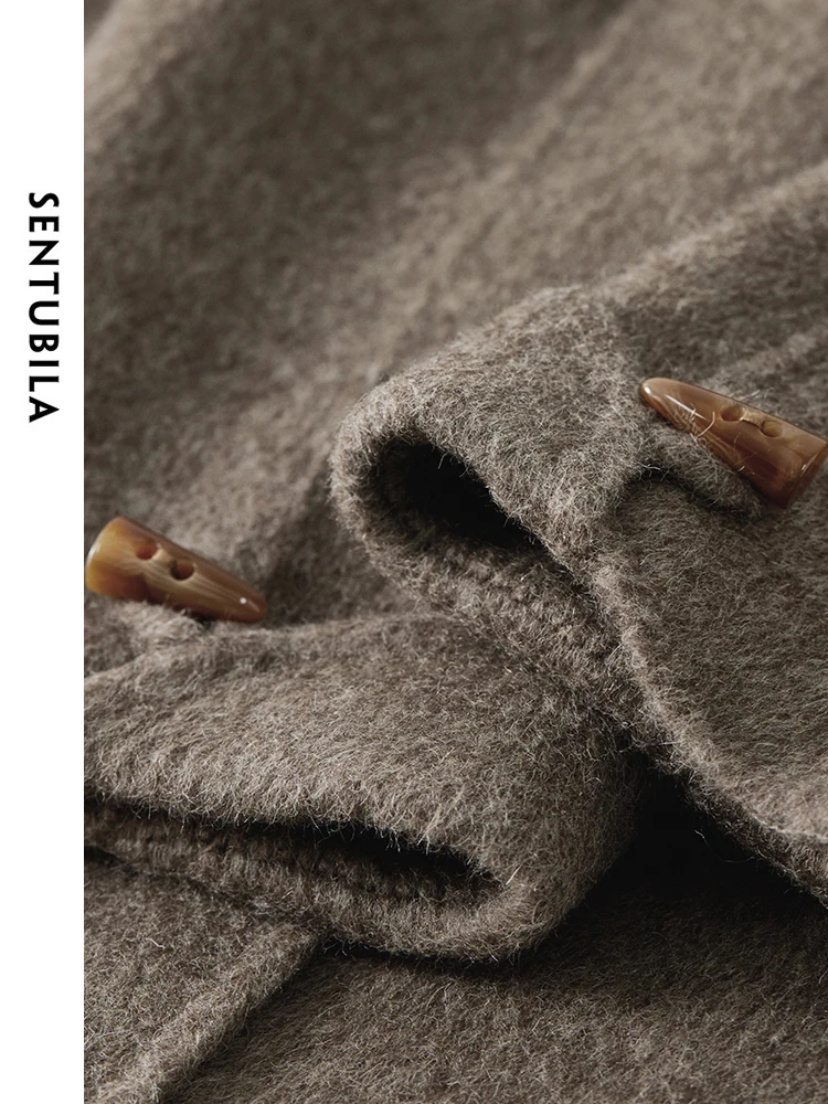 SENTUBILA Women's Tweed Jackets 100% Wool 2025 Winter Elegant Long Coats Bull Horn Buckle Big Pockets Woman Overcoat W44O55978