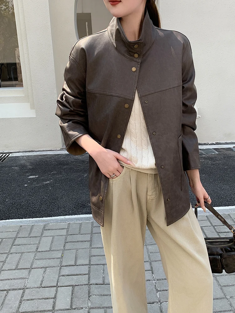 Missneko Brown Single Button Double Sided Wear Leather Jaet Women's Loose Casual Top Street Sle PU Leather Spring 2025