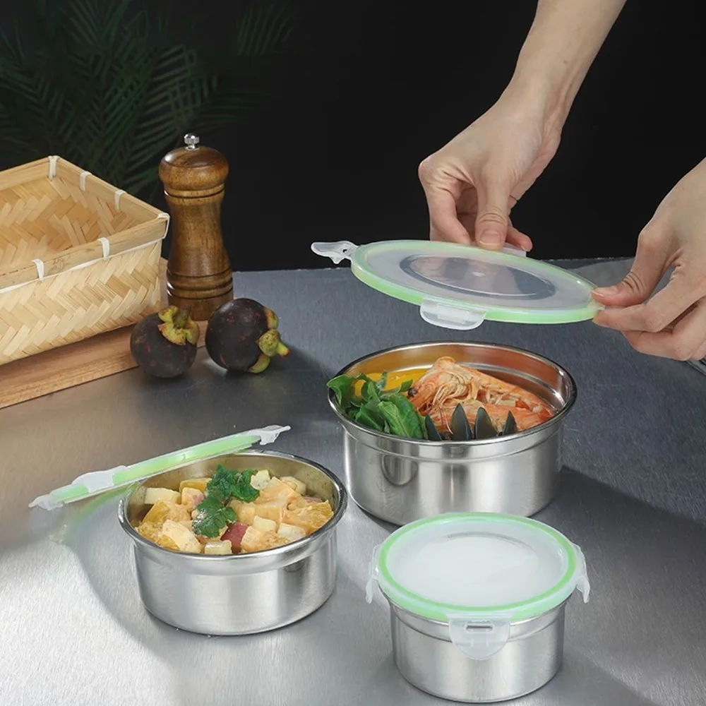1Set Rustless Steel Fridge Storage Box Smooth Inner Stackable Preservation Bowl Airtight Seal Lid Solid Food Container