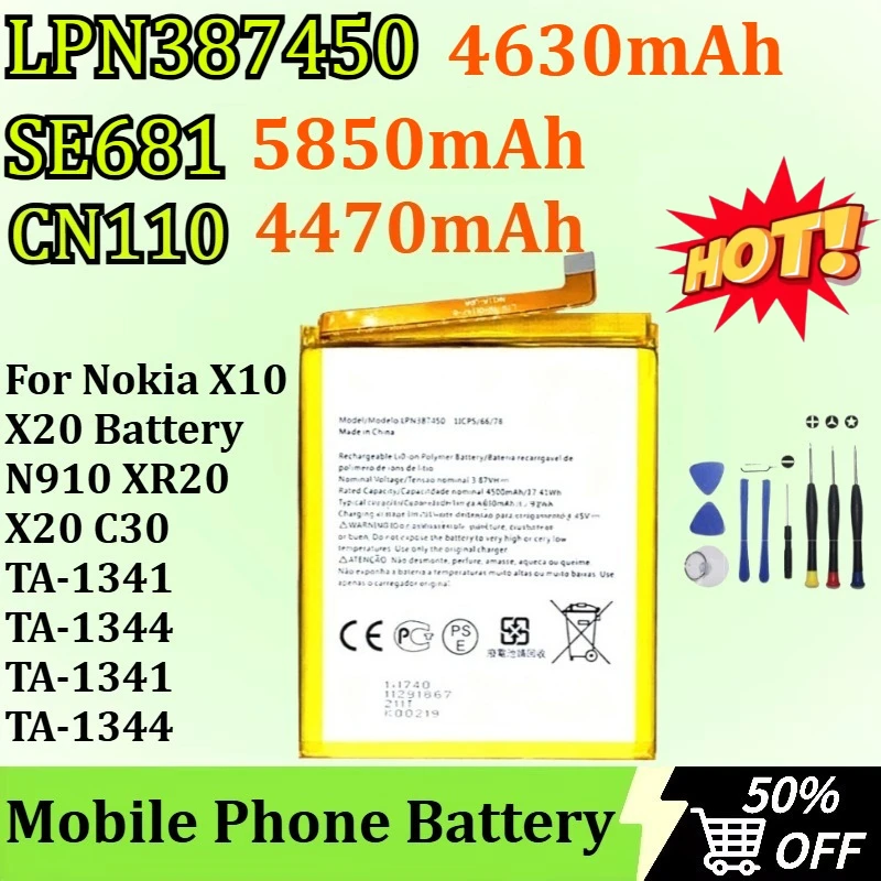 

LPN387450 SE681 CN110 Mobile Phone Battery for Nokia X10 X20 Battery N910 XR20 X20 C30 TA-1341 TA-1344 TA-1341 TA-1344 + Tools