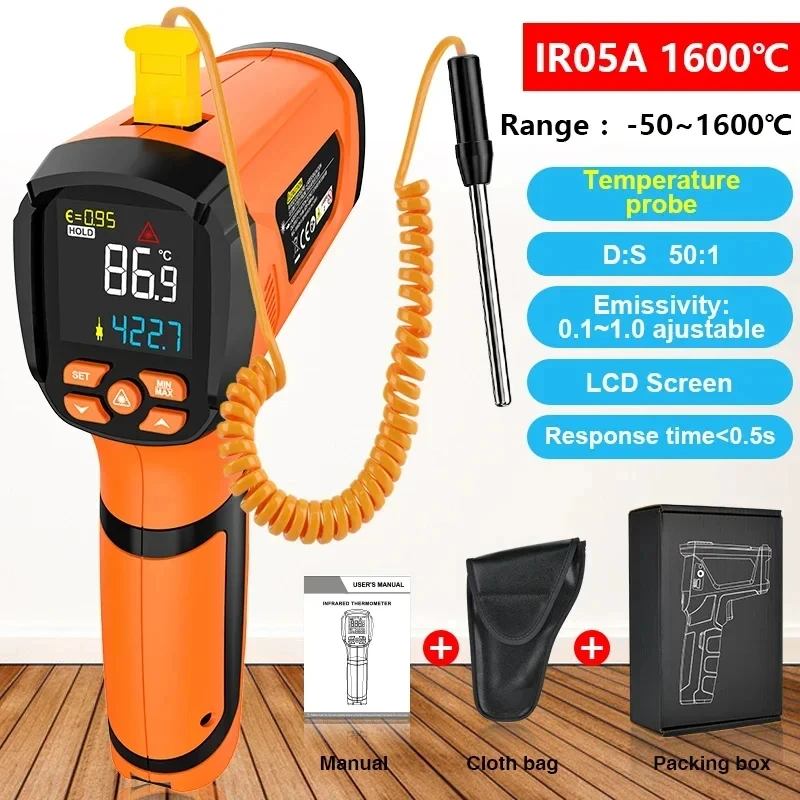 Non-contact Infrared Thermometer -50°C~1600°C With K-type Probe High Temperature Meter Laser Pyrometer Adjust Emissivity IR05A