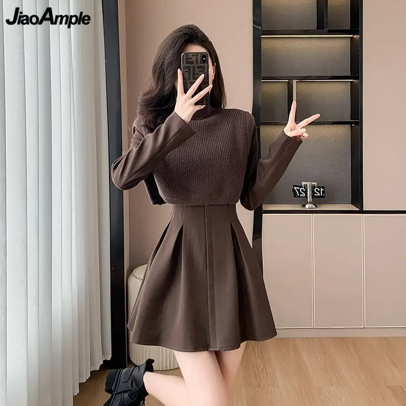 

Autumn Winter Lady Graceful Solid Knit Vest Mini Dress Two Piece Set 2024 New Women's Fashion Sweater Tops Slim Dresses Outfits