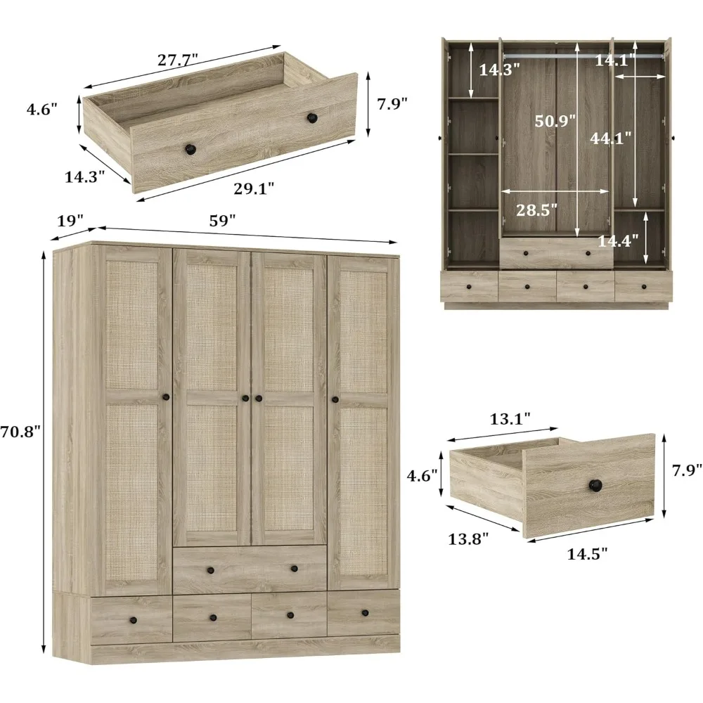 Rattan Armoire Wardrobe Closet with 7 Shelves, 5 Drawers & Hanging Bars, 59