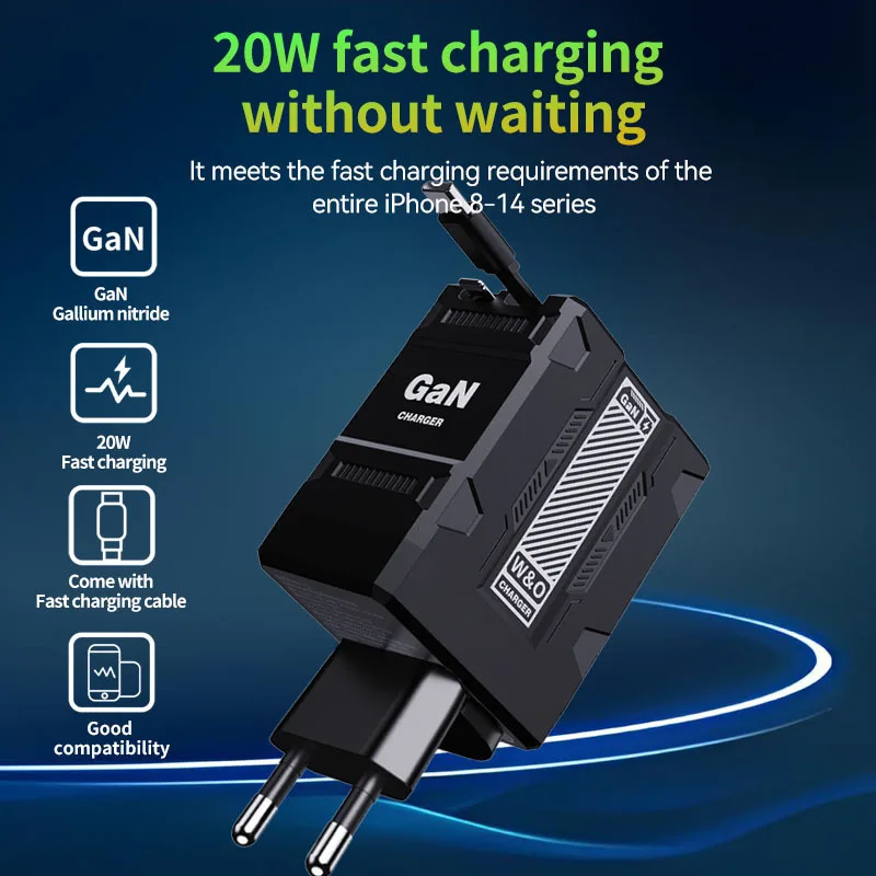 Retractable Type-C & Lightning Cable, W&O 20W GaN 4-in-1 Portable Charger for iPhone/iPad/Apple Watch - US Warehouse