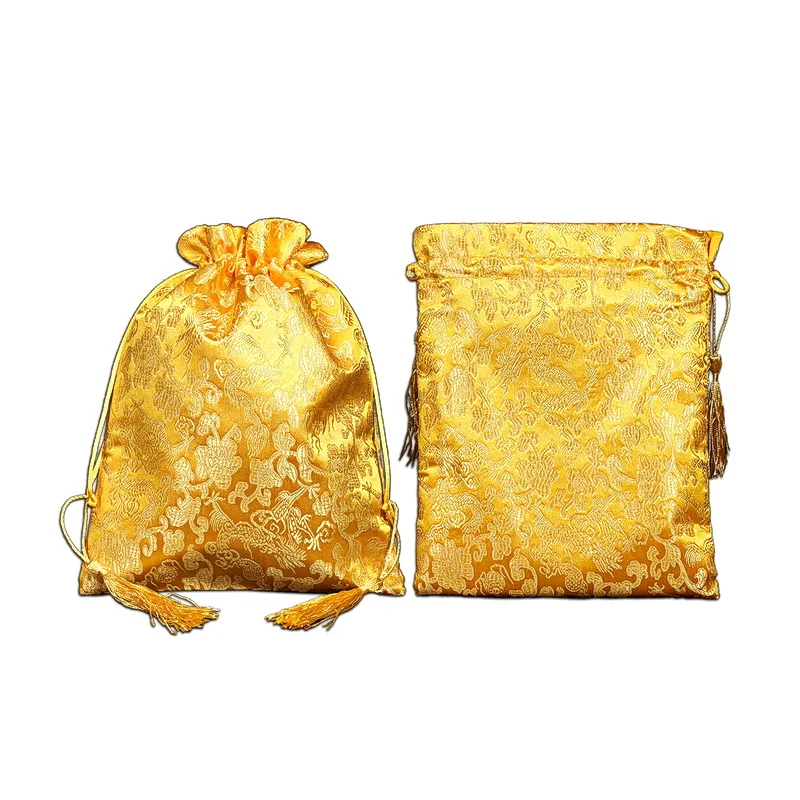 

10pcs Custom Large Yellow Silk Brocade Drawstring Gift Bags Chinese Dragon Good Lucky Bag Party Favor Bags Storage Pouches