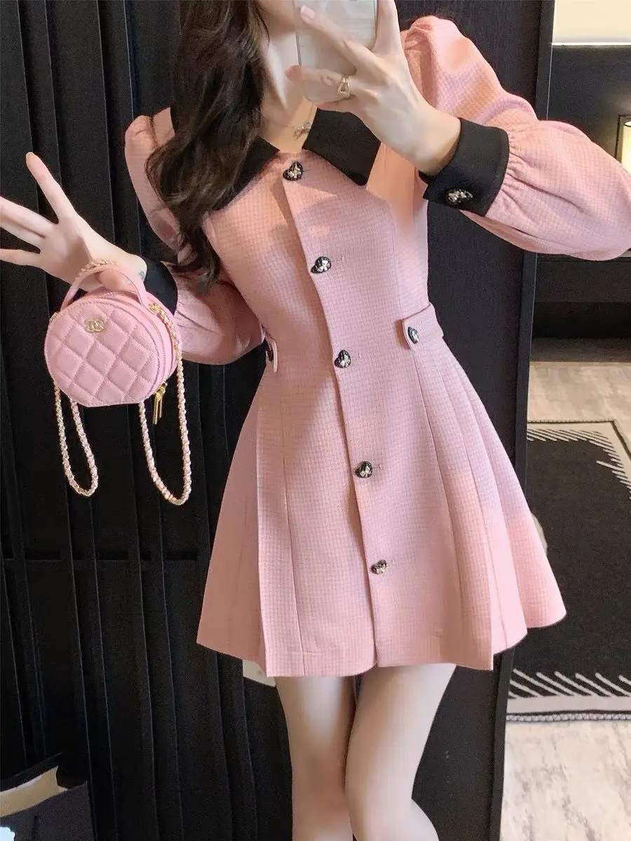 2024 Spring  Autumn New Pink Dress Fashion Splicing Long sleeve single-breasted Elegant Dress Korean Temperament Female Clothing