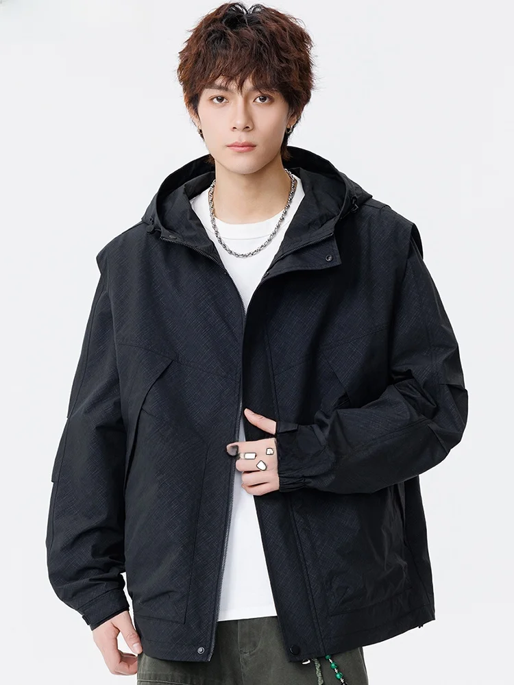 

American Sle Men's Spring New Large Size Jaet Windproof Warm Loose Workwear Coat with Hood Faionable Urban Polyester