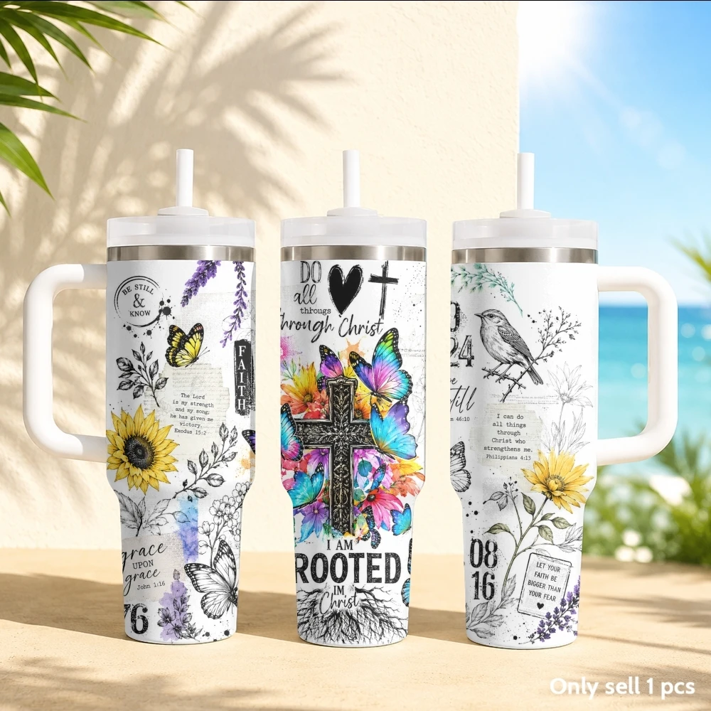 Cross Prayer Design Vacuum Flasks 40oz Stainless Steel Insulated Tumbler with Handle & Straw Leakproof Travel Mug