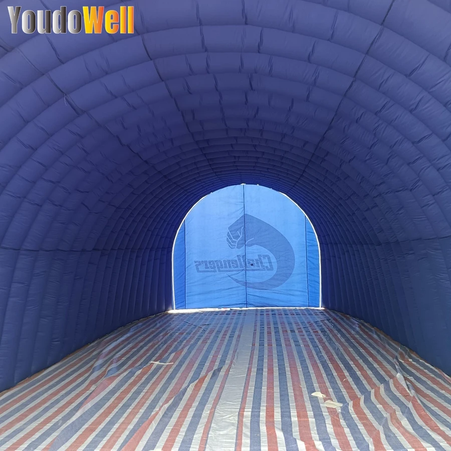 Tente tunnel bleue gonflable personnalisée avec logo, 10ml, 4.5mW, 3,5 mH, tente finie avec ruban, portes doubles pour exposition, événement