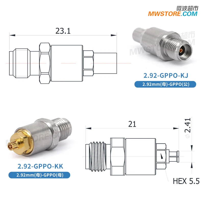 Adapter 2,92 mm na GPPO, 2,92/GPPO-JJ/JK, 2,92/GPPO-KJ/KK,