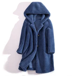 High Quality Mid-length Hooded Wool New Sheep Shearling Coat Women Winter Casual Faux Fur Coat Ropa Mujer Invierno 2024 Female