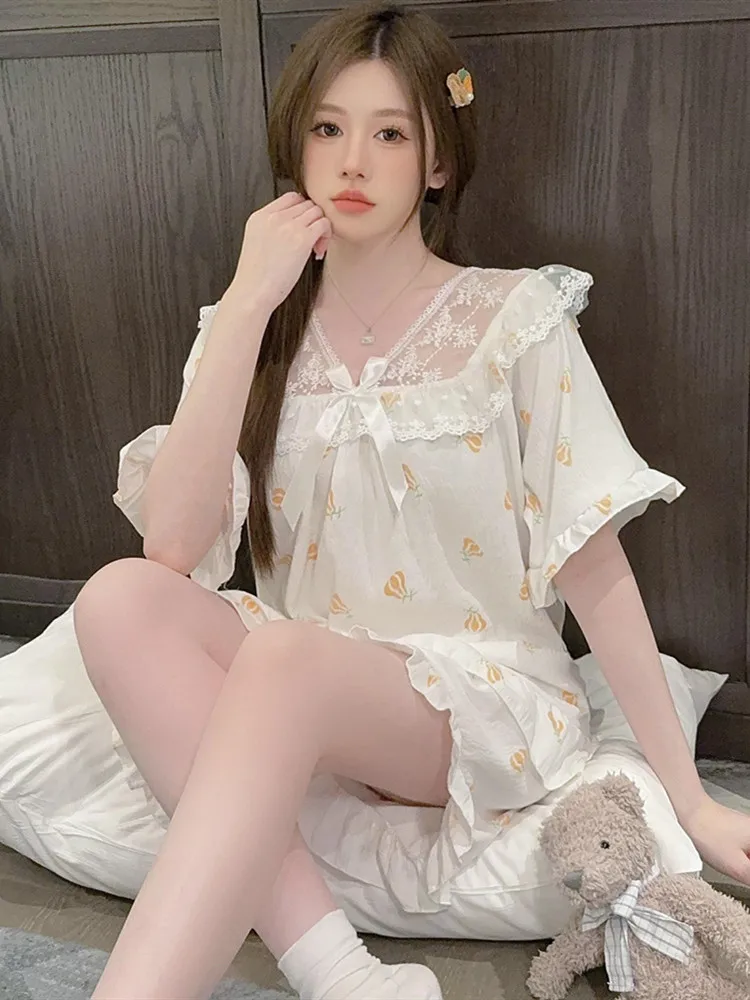 

2025 New Women's Cotton Pajamas ort Sve Cute Cartoon Sweet Princ Sle plus Size Home Clothes Set V-ne Mid-length S...
