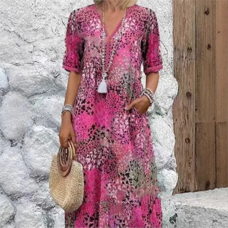 Nuevo vestido elegante de encaje estampado Floral, vestido de mujer con cuello en V, manga corta, bolsillos, vestidos de empalme, vestido informal de moda de verano 2025