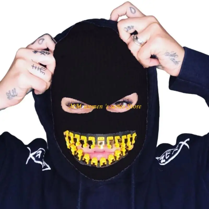 Q39C Spooky Knitted Beanie Hat Halloween Scary Teeth Robber Balaclava Hat Cosplay Robber Party Hats