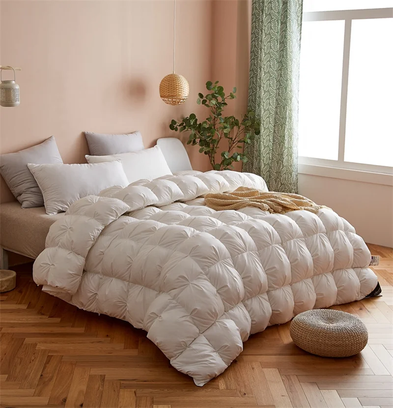 

High Grade 100% White Goose Down Quilt Winter Warm Feather Duvet Queen King Cozy Lightweight 3D Bread Comforter Pinch Pleated