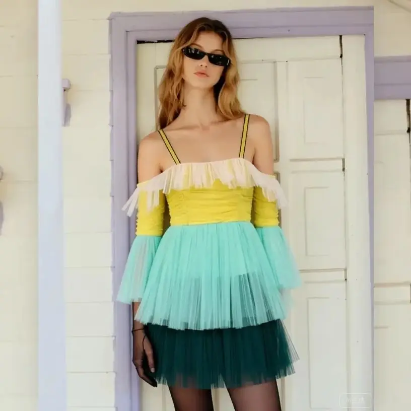 

Yellow Off-Shoulder Layered Tulle Mini Dresses Gradient Green Gown High Waist A-Line Summer Party Gowns Custom Made Plus Size