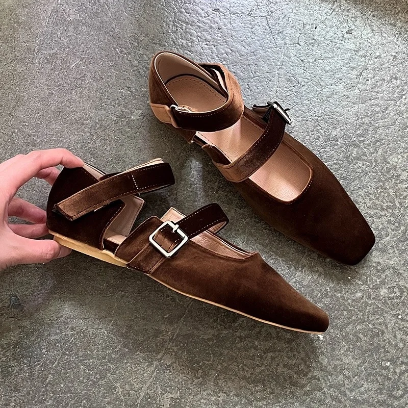 

Velvet Square Toe Mary Jane Flats Word-Cingulate Low Heel Ballet Shallow Brown Hollow Single Shoes