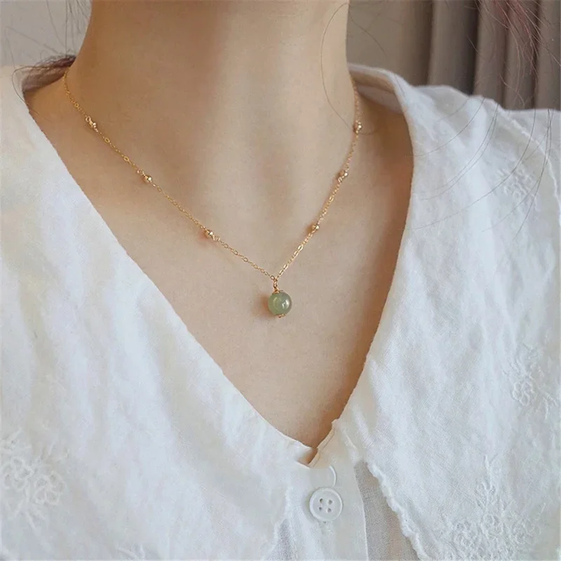 

Natural Hetian Jade Bead Pendant Necklace Female Summer Clavicle Chain Lovely Niche 14K Gold Filled Design Luxury Women Jewelry