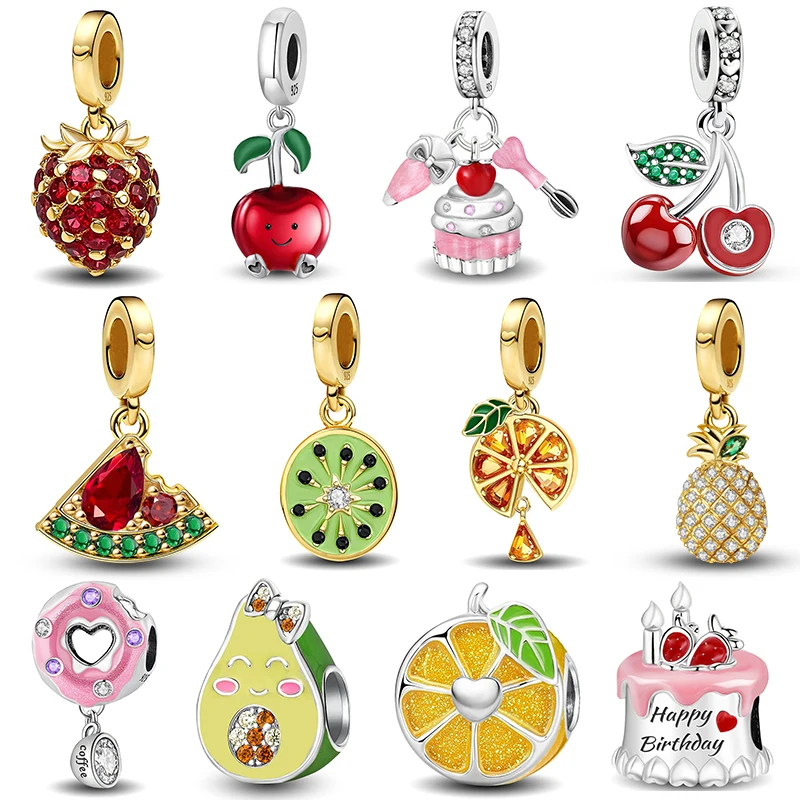 Image of 925 Silber Farbe Kirsche Wassermelone Erdbeere Obst Serie Diy Charms Perlen Fit Armband Herstellung Geschenk Von Hochwertigen Schmuck