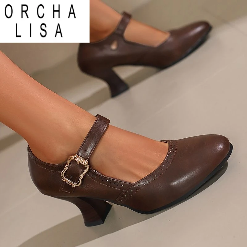

ORCHA LISA Design Mary Janes Женские туфли-лодочки с круглым носком на странном каблуке 6,5 см с пряжкой и ремешком Большой размер 46 47 48 Женская обувь Sweet Dating