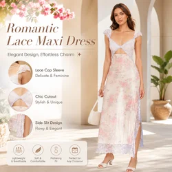 Sexy Lace Floral V Neck Women Dress Elegant Chic Hollow Sleeveless High Waist Split Dresses Summer Lady Holiday Party Vestidos