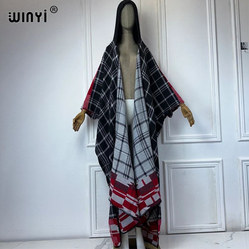 WINYI African Plaid print hooded winter cardigan woman abaya Autumn outfits for women coat Open Front Kimonos long down poncho