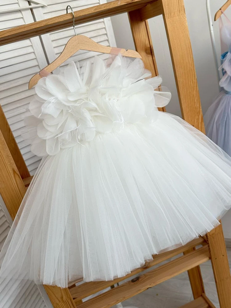 Vestido formal infantil para menina flor, vestido de princesa sem alças, saia de gaze fofa simples, casamento da menina