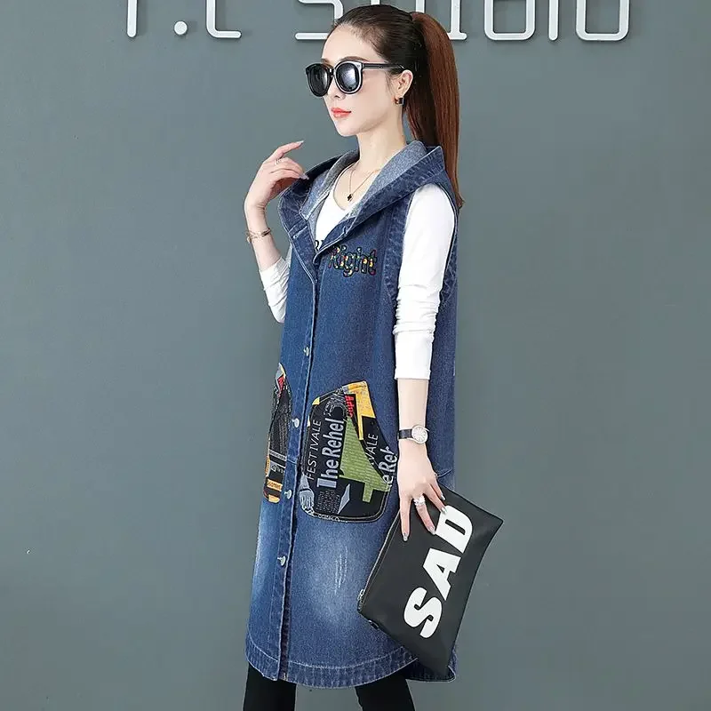 2023 New Fashion Denim Vest For Women Sleeveless Loose splice Long Jeans Jacket Coat Street Hipster Female Clothing 5XL chaleco