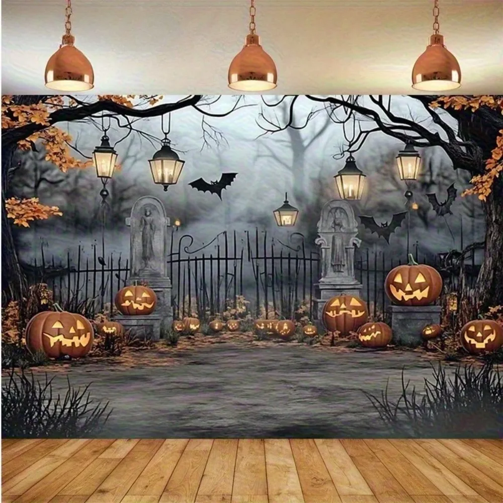 Halloween Ghost Cemetery Pumpkin Lantern Theme Banner Background, Misty Forest Trail Decoration Photography Background Cloth