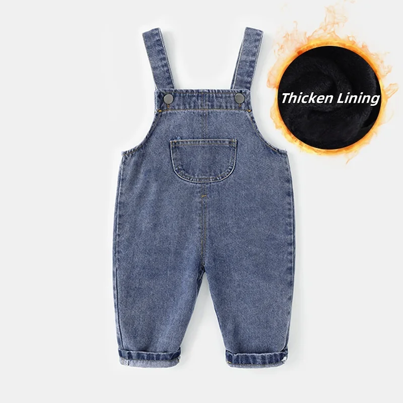 

Autumn Winter Thickened Fleece Lined Denim Overalls for 0-5 Years Boys & Girls Baby Kids Adjustable Straps Jeans