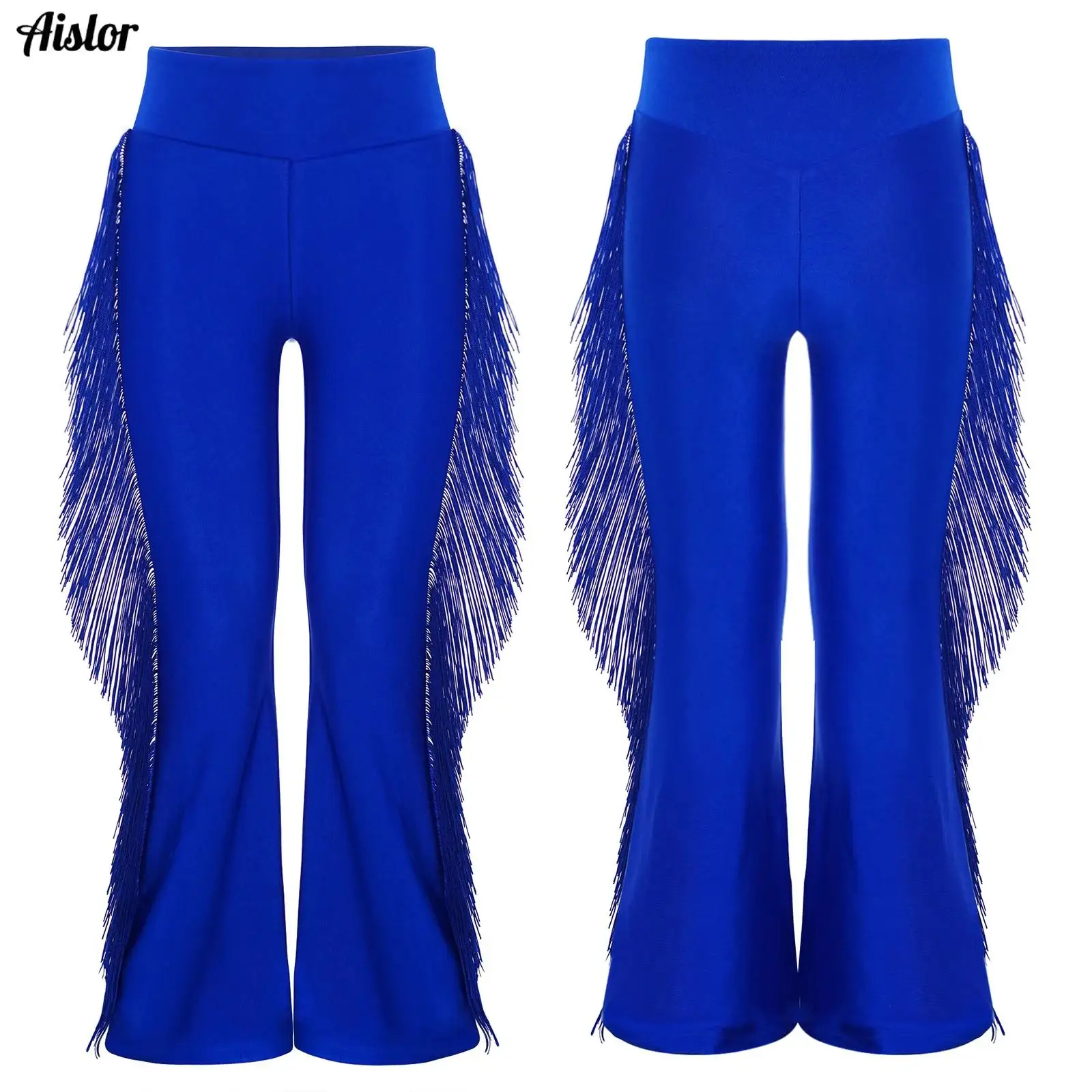 Kids Boys Latin Ballroom Dance Pants Elastic Waist Tassels Bell-Bottom Flared Pants Jazz Tango Cha-cha Dance Performance Costume