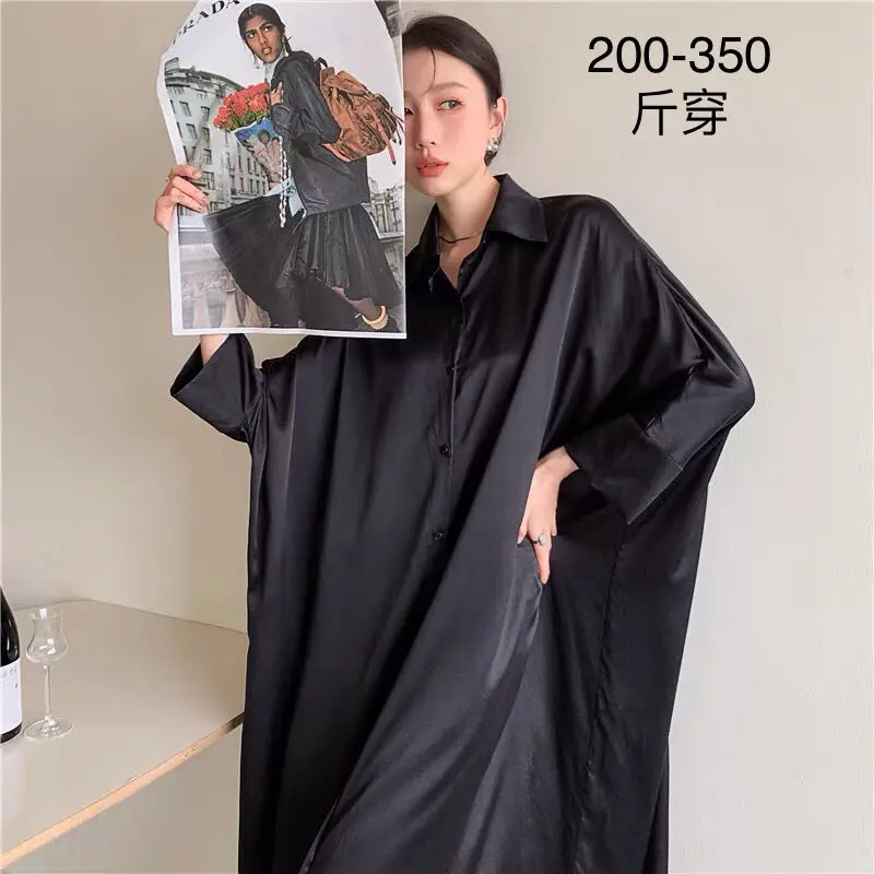 

SuperAen 2022 Black Silk Shirt Oversized Loose Turn-down Collar A-LINE Casual Mid-Calf Dresses for Women