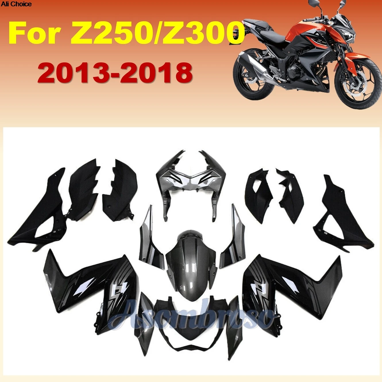 

Motorcycle Plastic Shell Fairing Fit For Kawasaki Z250 Z300 2013-2016 2014 2015 2016 2017 Z 300 Z 250 Grey Black Bodywork Set