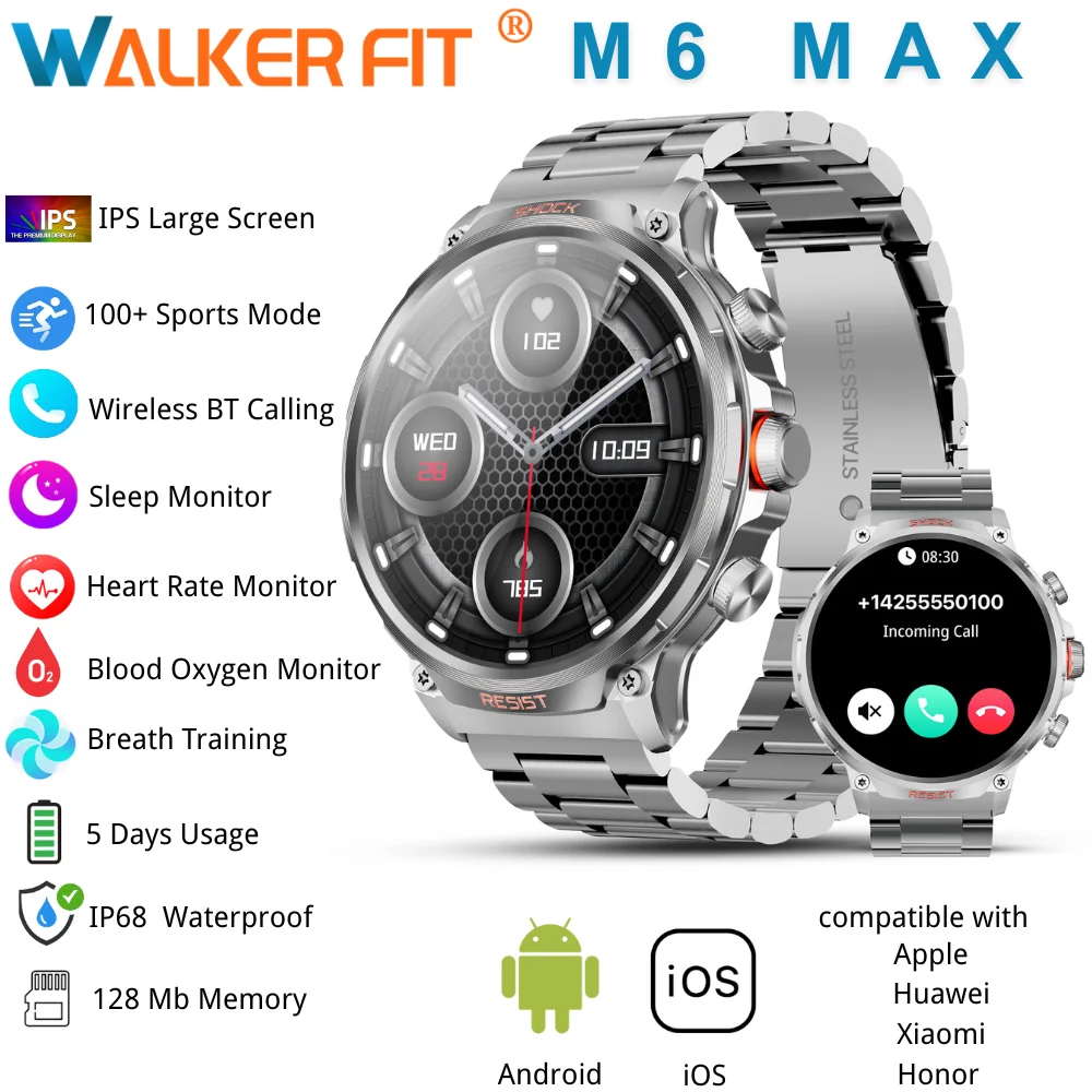 

WalkerFit M6 Max Military Smart Watch for Men 2025,Long Battery,Call Smartwatch,Fitness Tracker, Compatible with Android iPhone