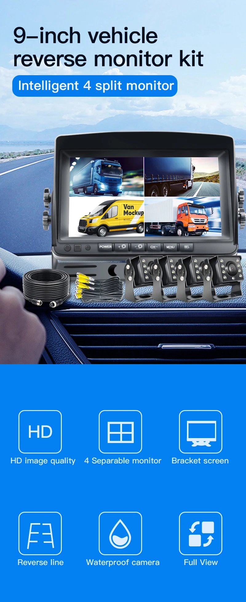 CCENTEN 9inch 4 Channels AHD 720P Quad  Car Display Reverse Rearview Camera System Universal Gua 5W Universal Dash Truck