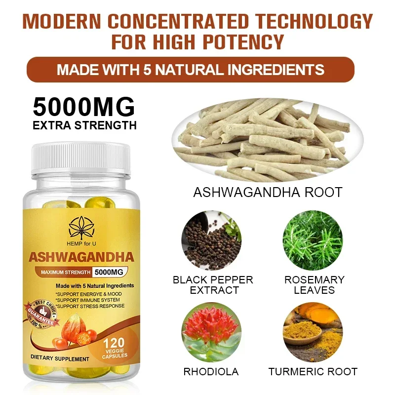 Full-Spectrum KSM-66 Ashwagandha 5000 mg Vegetarian Capsules Pure Ashwagandha Root Extract For Mood and Stress, Brain and Memory