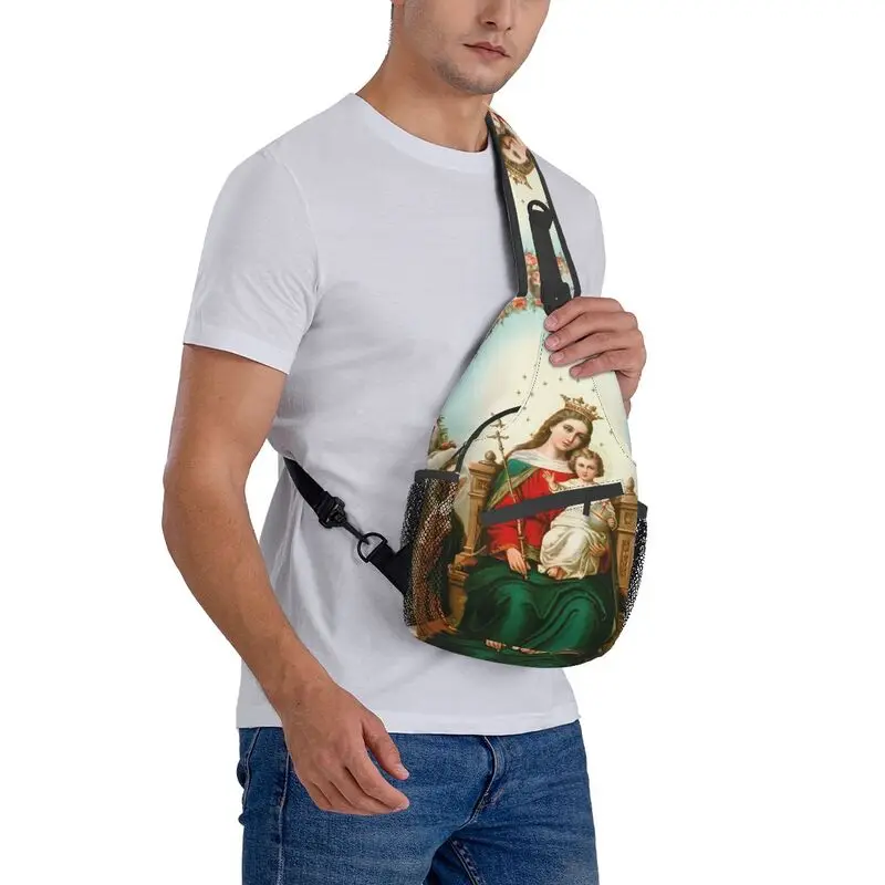 Bandolera de la Virgen María personalizada para hombre, cristiano católico bolso de viaje para el pecho, mochila cruzada de hombro, mochila de día