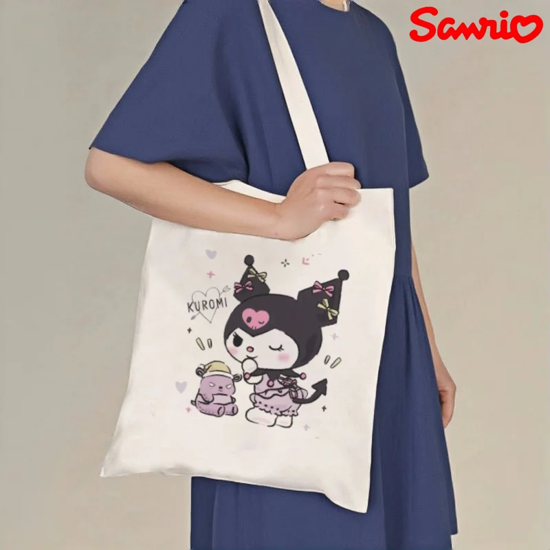 

1pc Cute Kuromi & Baku Print Canvas Tote Bag, Double-Sided Shoulder Shopper, Reusable Handbag