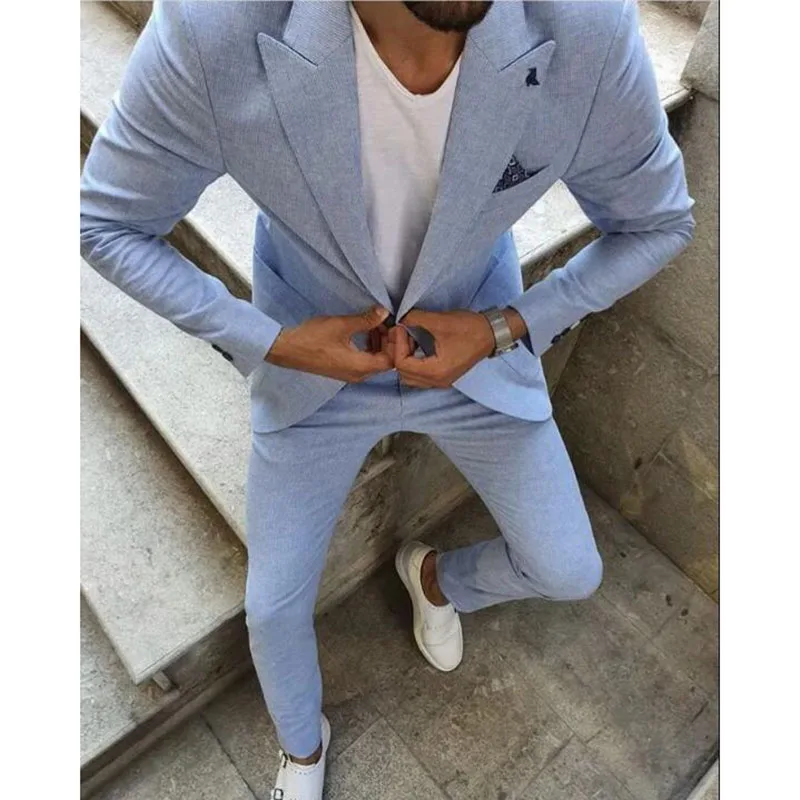 Casual Light Blue Men Suit 2 Pcs Slim Fit Costume Homme Peaked Lapel Wedding Suits for Men Prom Tuxedo Blazers ( Jacket+Pants)