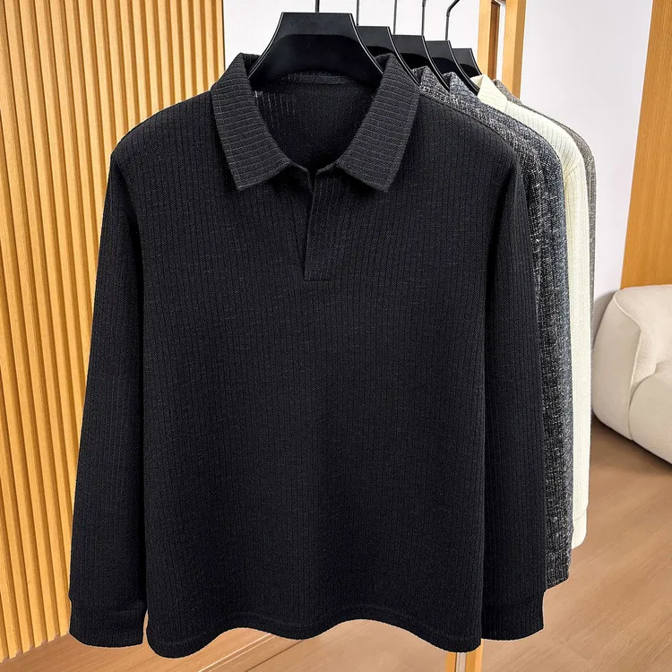 Herren-Polohemd mit Reverskragen, langärmelig, aus strukturiertem, geripptem Stoff, mit halber Knopfleiste, schmal geschnitten, weiches Strickoberteil, für den Alltag, lässige Herrenoberteile – Detail 8
