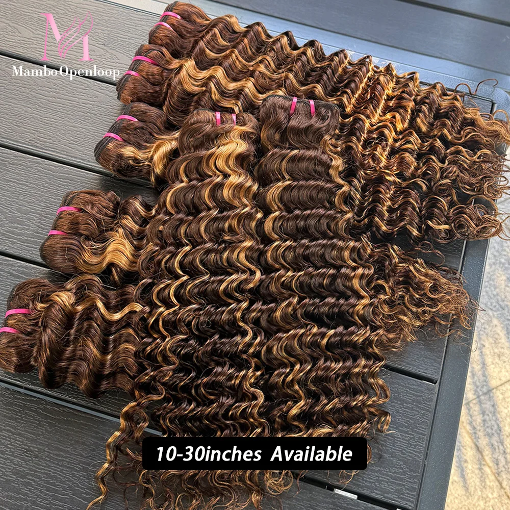 

3 Bundles Deep Wave Piano Color Hair Extensions P4/27 Real Human Hair Double Weft Deep Wave Braid Human Hair Bundles for Women