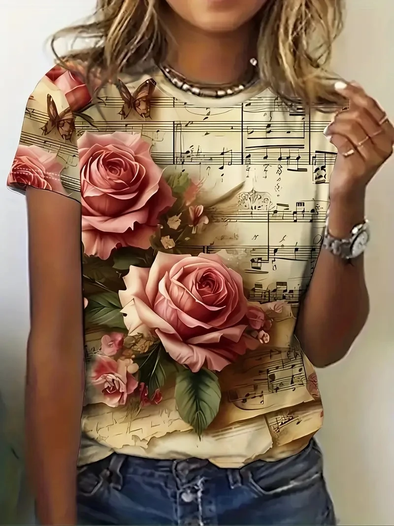 Damen PLUS Größe 3D Retro bedrucktes Kurzarm-T-Shirt, locker und lässig, weich, bequem und atmungsaktiv, Outdoor-Sport