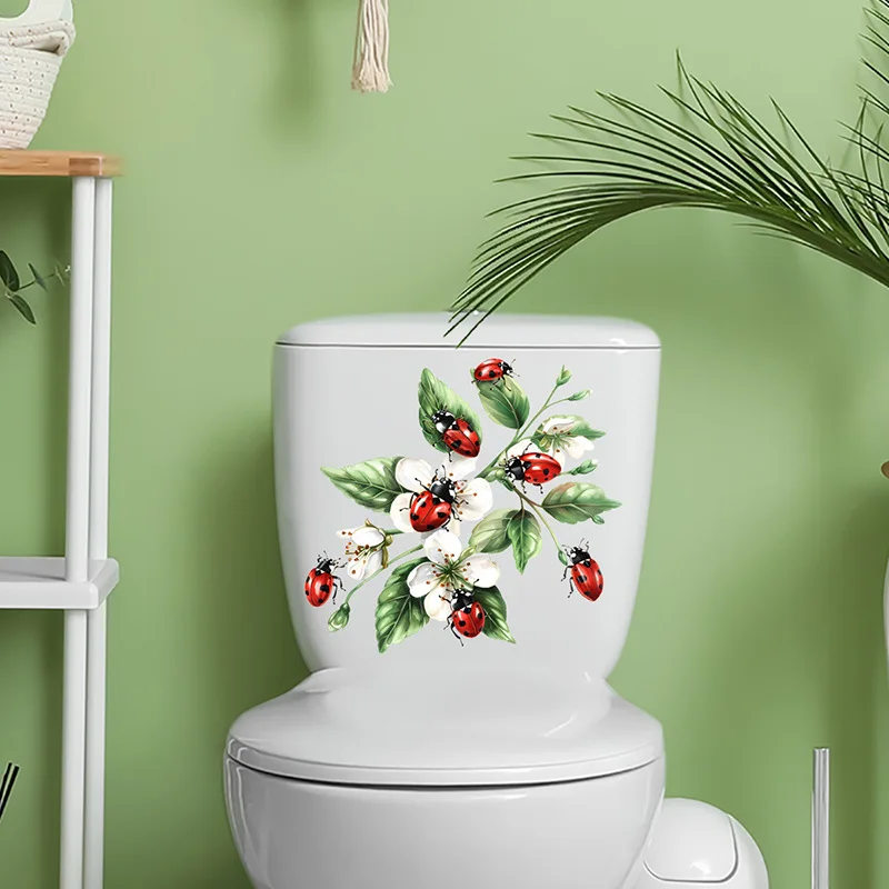 Waterproof Seven-Spotted Ladybug Toilet Seat Cover Painted Flower and Leaf Wall Stickers for Bathroom, Self-Adhesive PVC