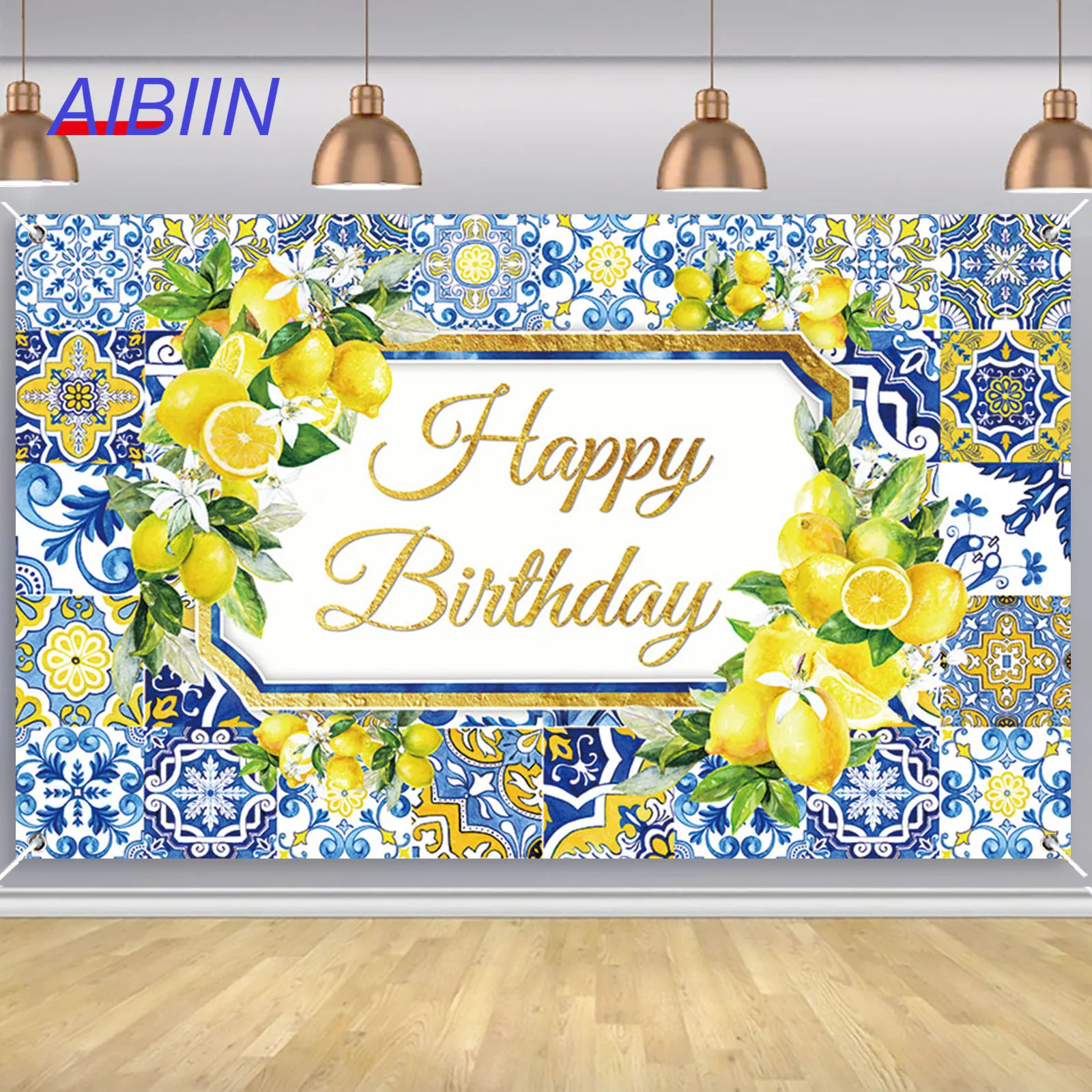 AIBIIN Lemon Happy Birthday Backdrop Blue Tiles Flower Photography Background Baby Cake Smash Portrait Photozone Party Decor