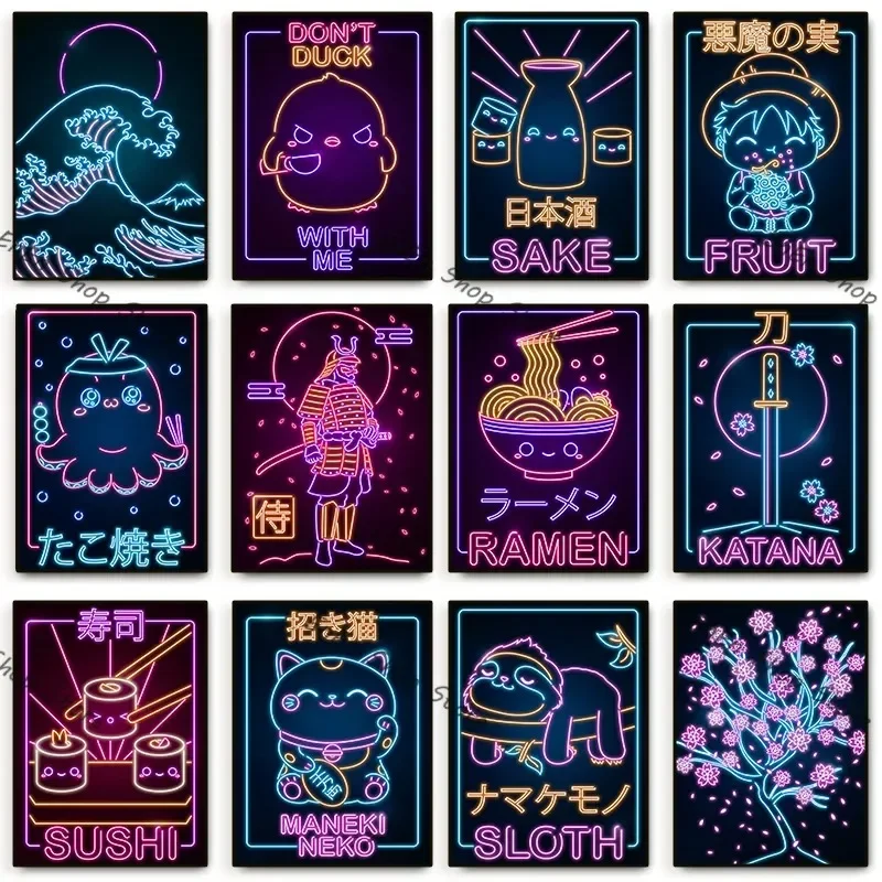 Póster de pintura en lienzo de líneas de neón japonesas y Retro, impresiones de Sushi Ramen Sake, arte clásico HD, decoración de pared Kawaii para el hogar y la habitación de los niños