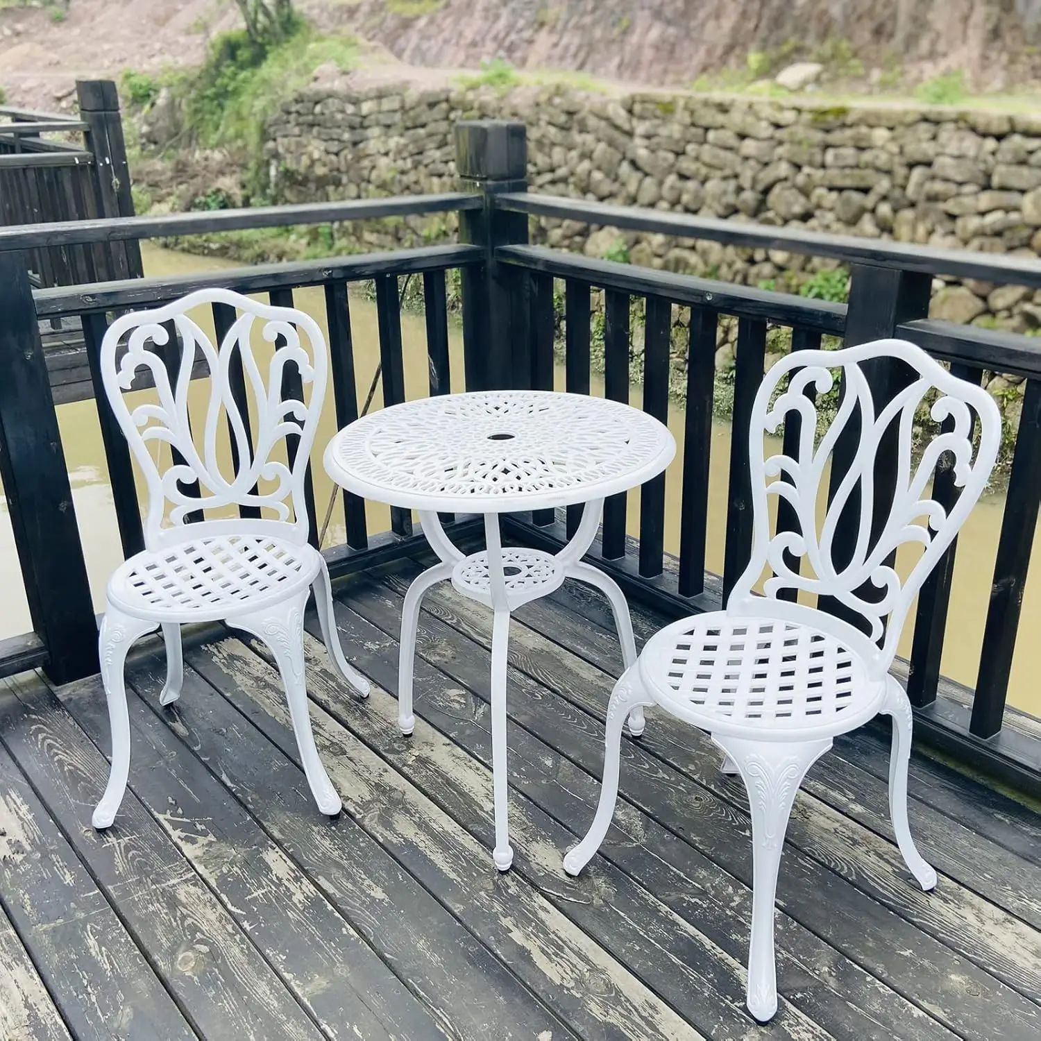 

Patio Bistro Sets 3 Piece cast Aluminum Patio Furniture Outdoor Garden Metal Rust Proof Tables and Chairs White bisrto Set