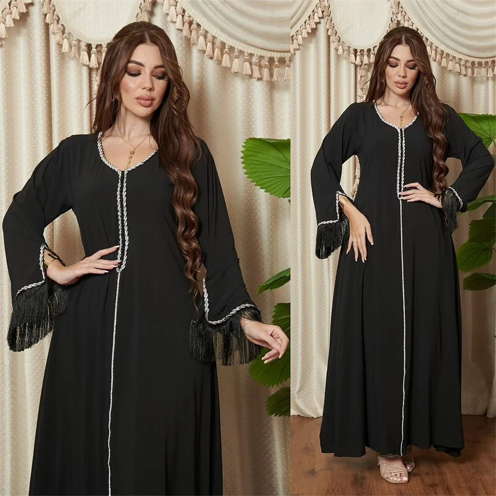 

Eid Abaya Dubai Jalabiya Muslim Dress Diamonds Tassel Turkey Islam Robe Longue Femme Musulman Dresses for Women Kaftan Marocain